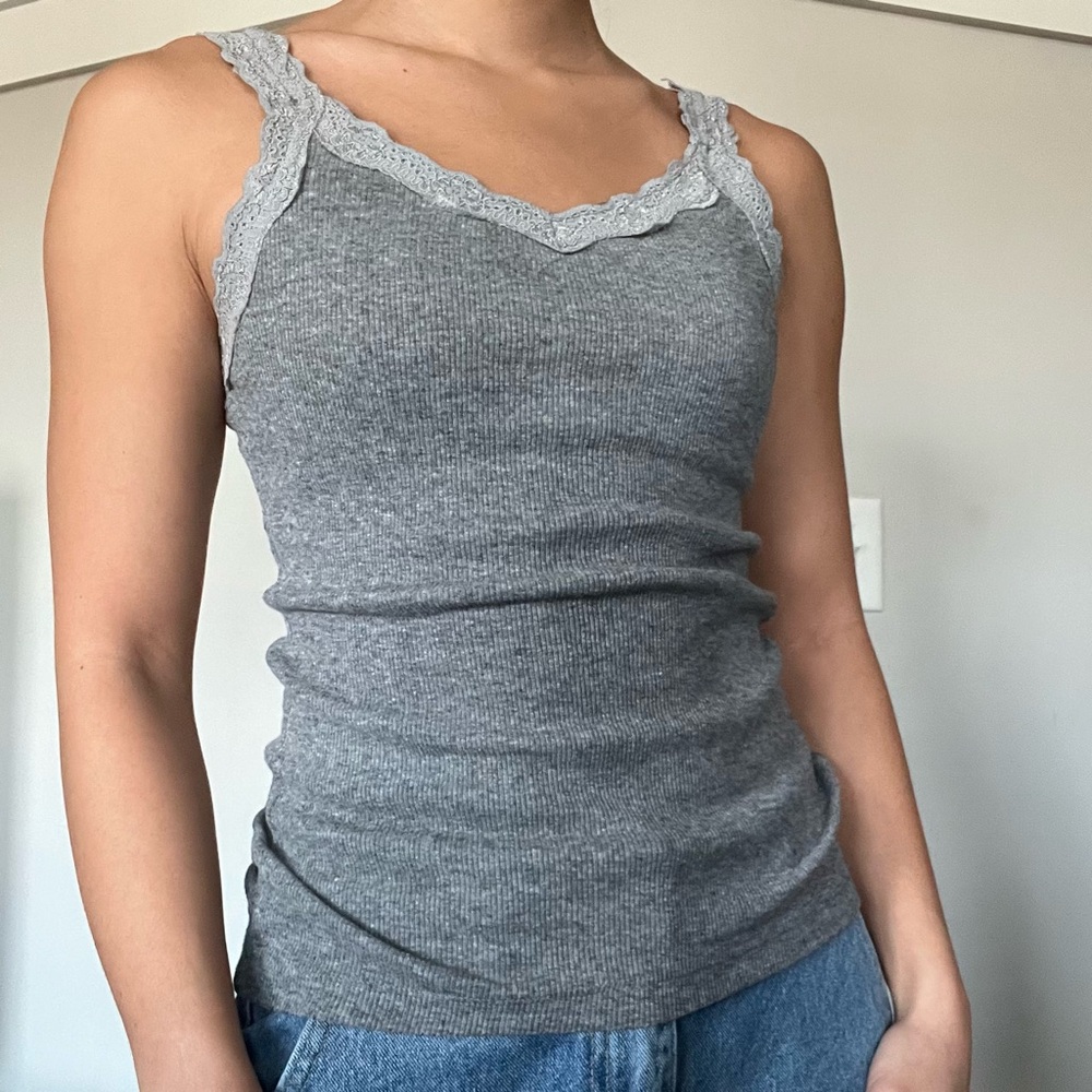 Gray Lace Trim Ribbed Tank Top Size XS